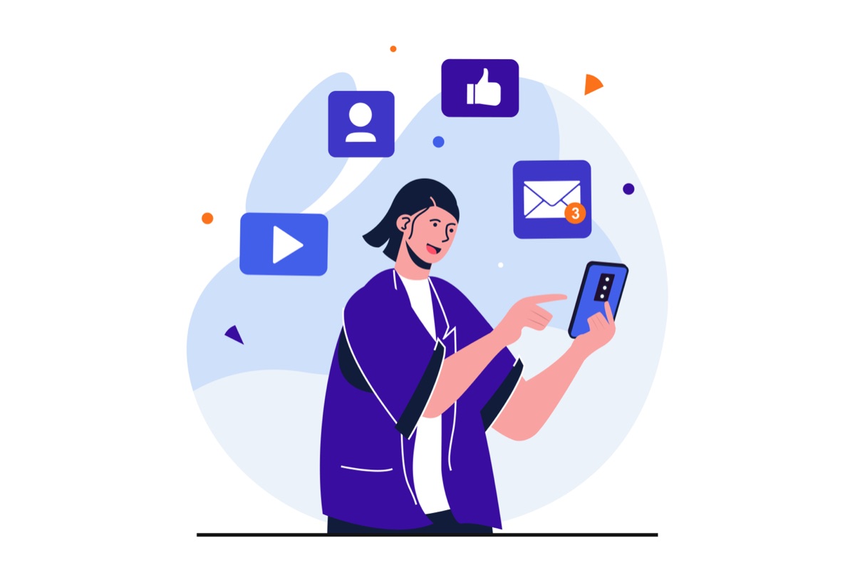 たくさんのアプリの通知に囲まれる人のイラスト